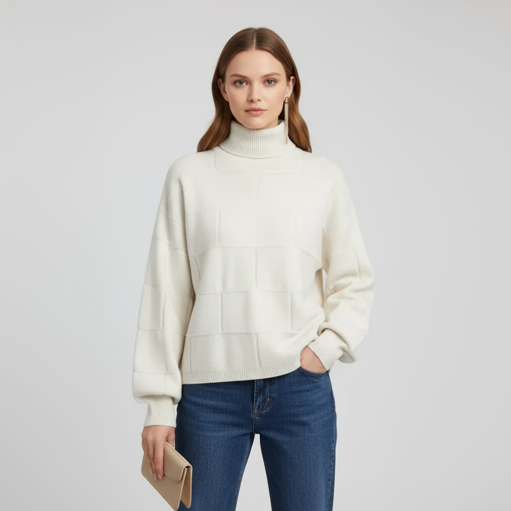 Women's Ivory Oversized Turtleneck Sweater with Grid Texture - Custom Modern Textured Apparel