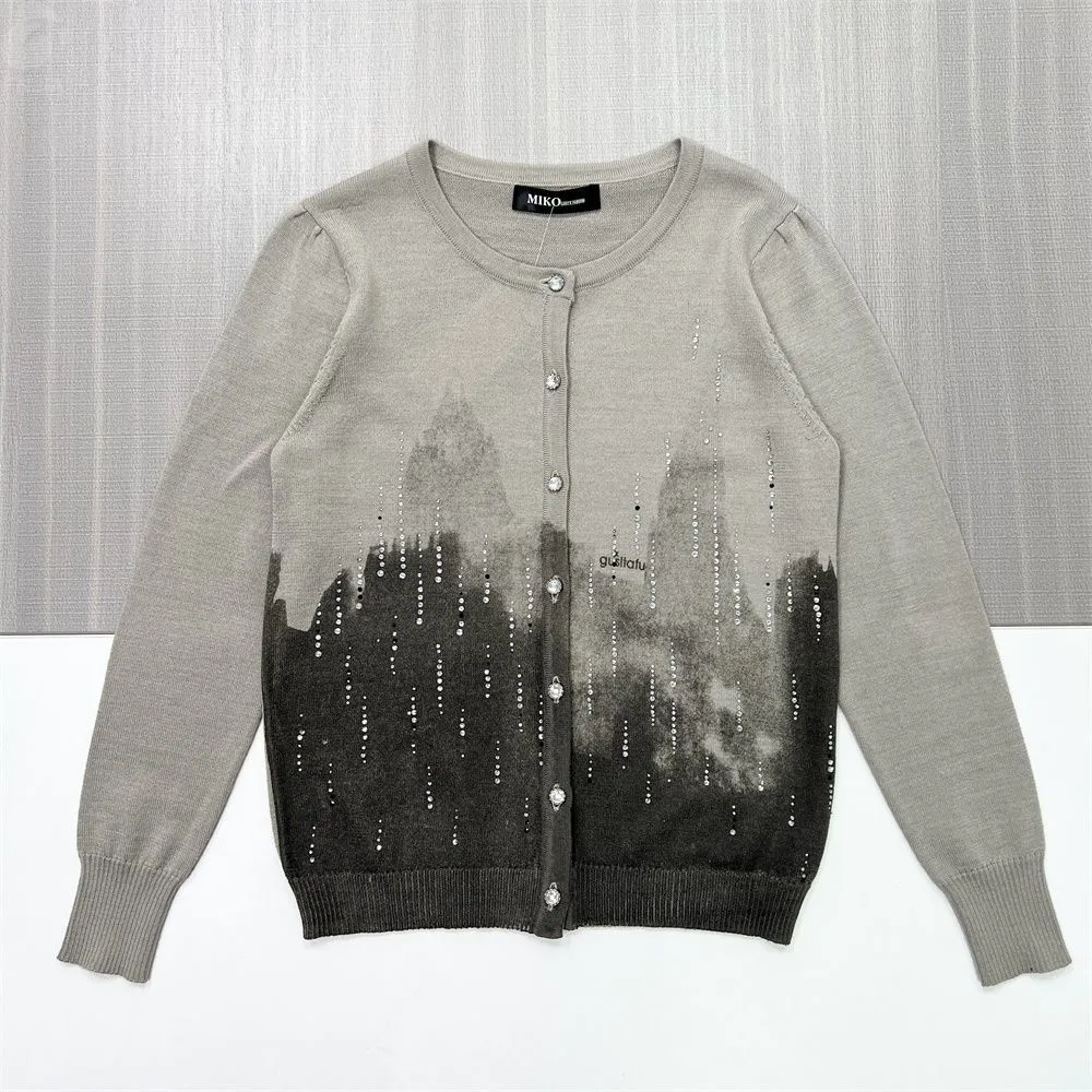 Women's Grey Ombre Sequin-Embellished Knit Cardigan with Crystal Buttons