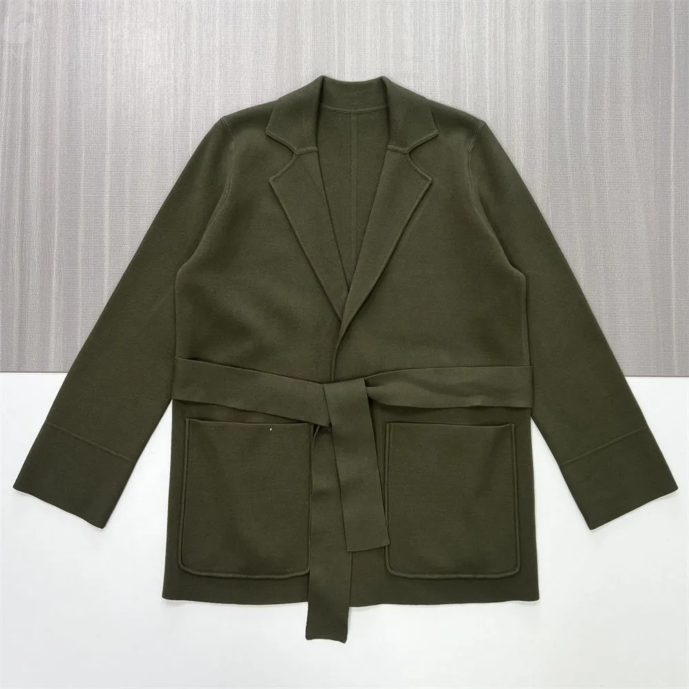 Women's Olive Green Belted Knit Blazer Coat - Custom Versatile Smart-Casual Outerwear