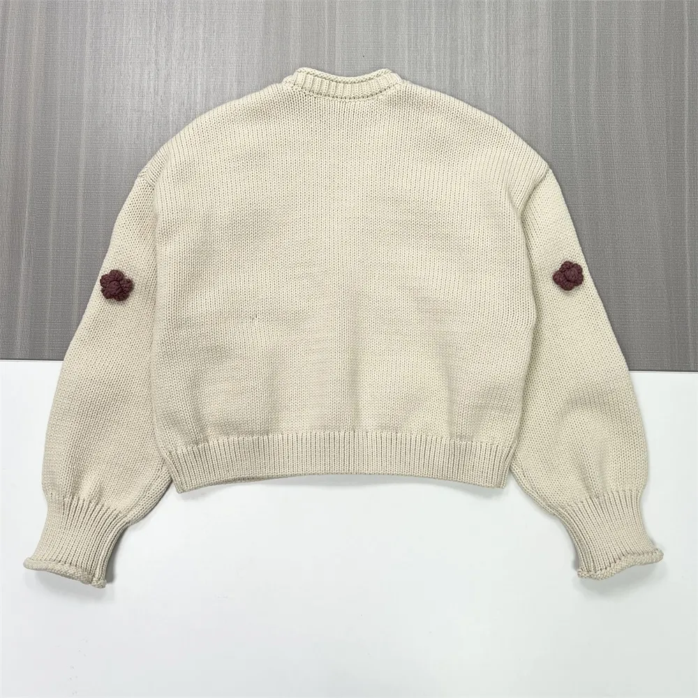 Women's Ivory V-Neck Cardigan with Burgundy 3D Floral Embellishments - Custom Playful Casual Apparel