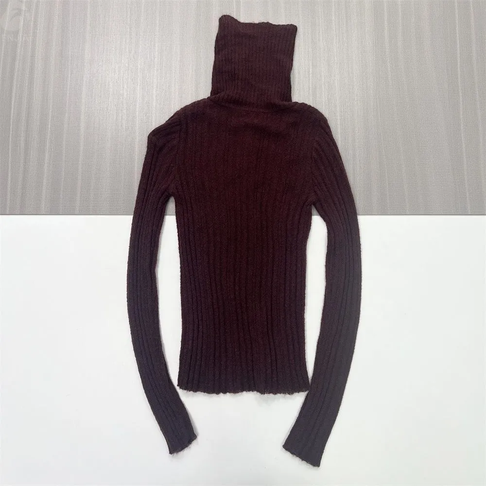 Women's Burgundy Rib-Knit Turtleneck Button-Front Cardigan - Custom Sleek Smart-Casual Apparel