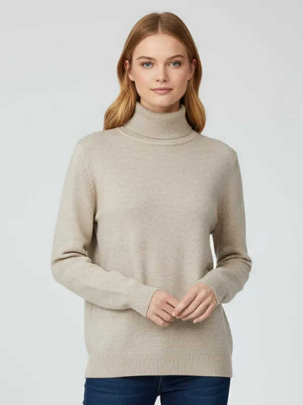 Women's Beige Classic-Fit Turtleneck Sweater - Custom Timeless Staple Apparel