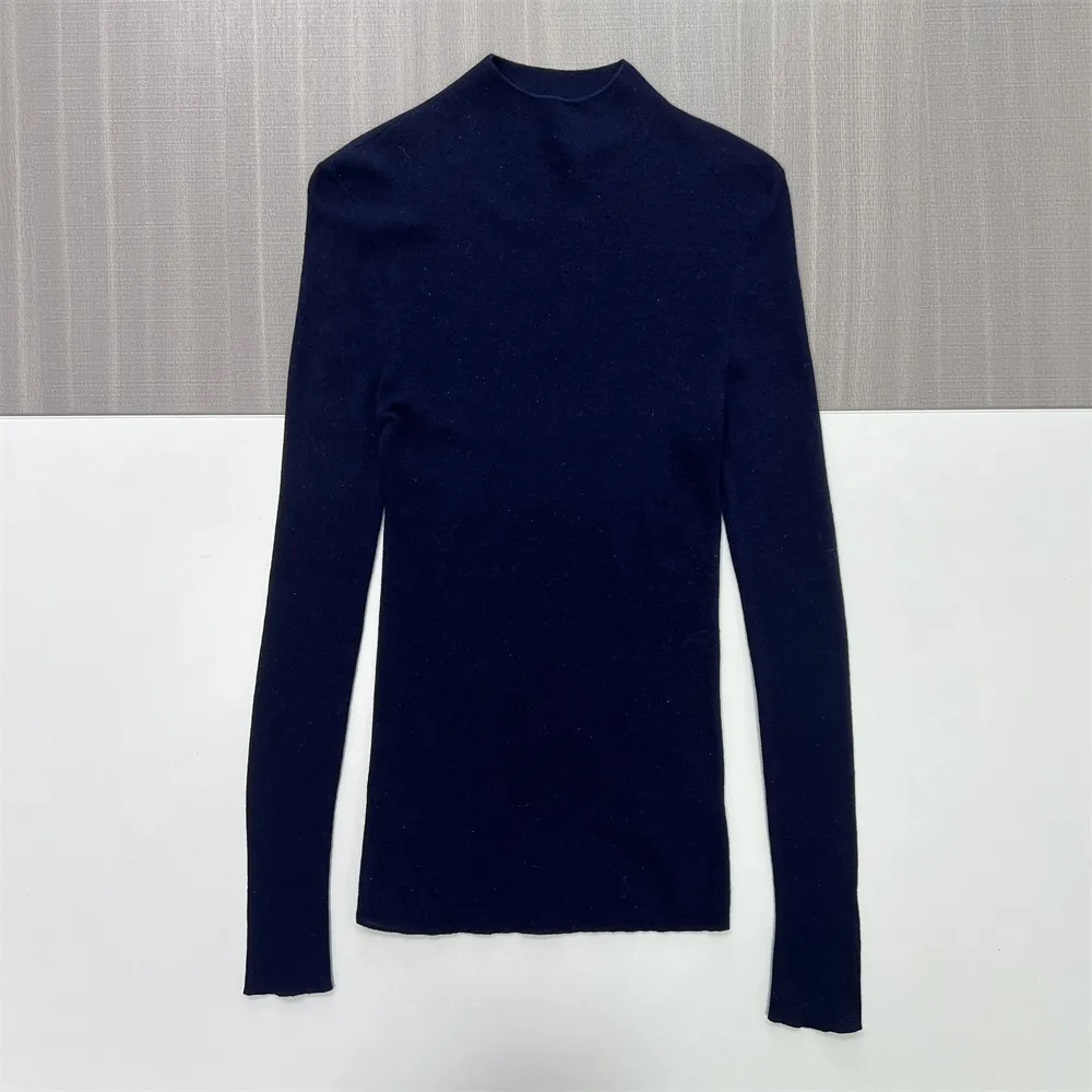 Women's Navy Ribbed Turtleneck Slim-Fit Sweater - Custom Versatile Basic Apparel