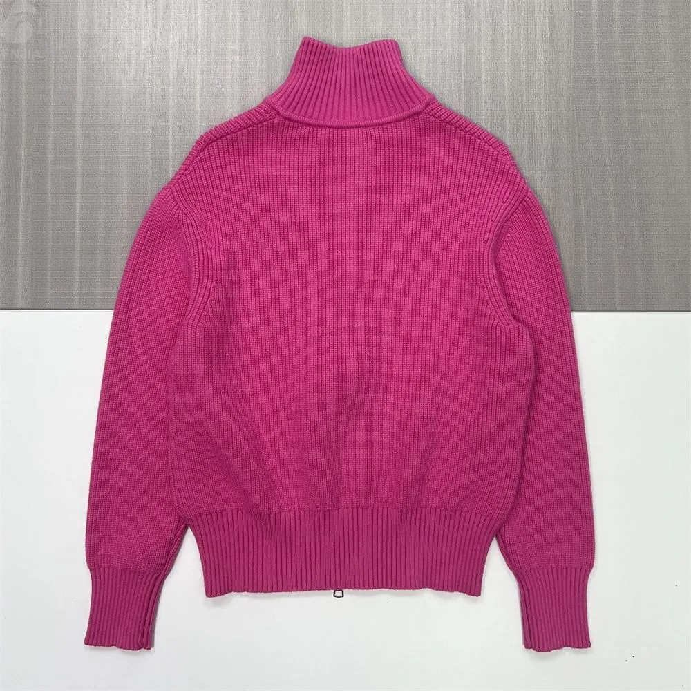 Women's Fuchsia Rib-Knit Turtleneck Zip-Up Cardigan - Custom Bold Modern Apparel