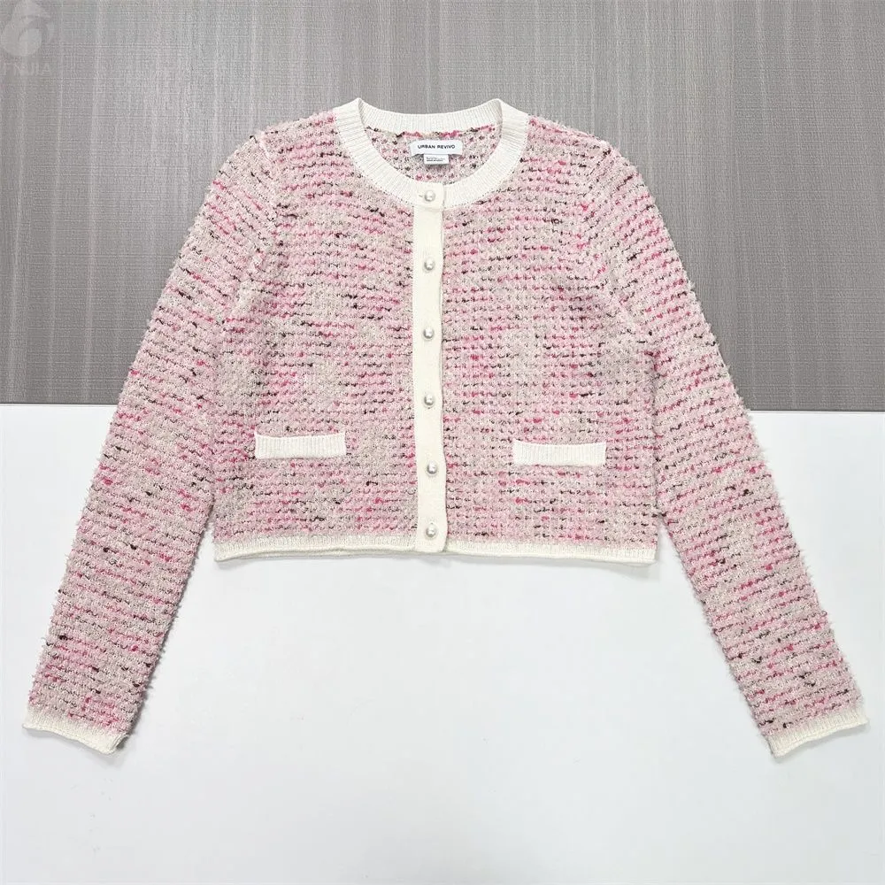 Women's Pink Tweed Cropped Cardigan with Pearl Buttons & Contrast Pockets