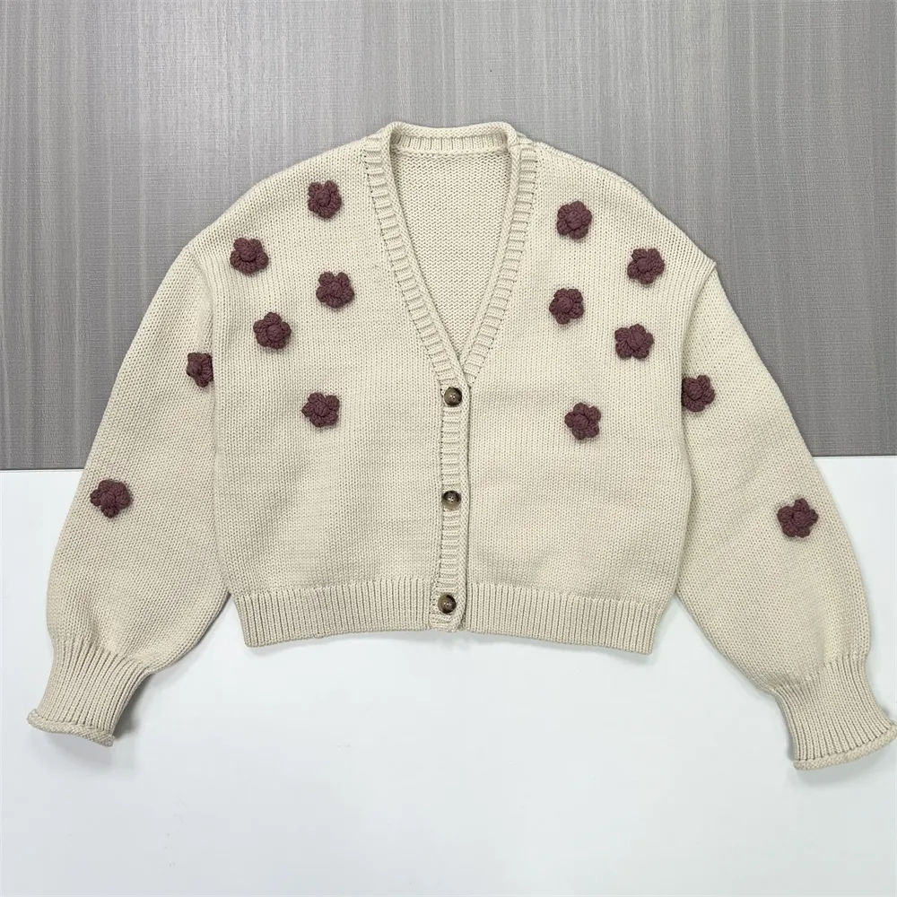 Women's Ivory V-Neck Cardigan with Burgundy 3D Floral Embellishments - Custom Playful Casual Apparel