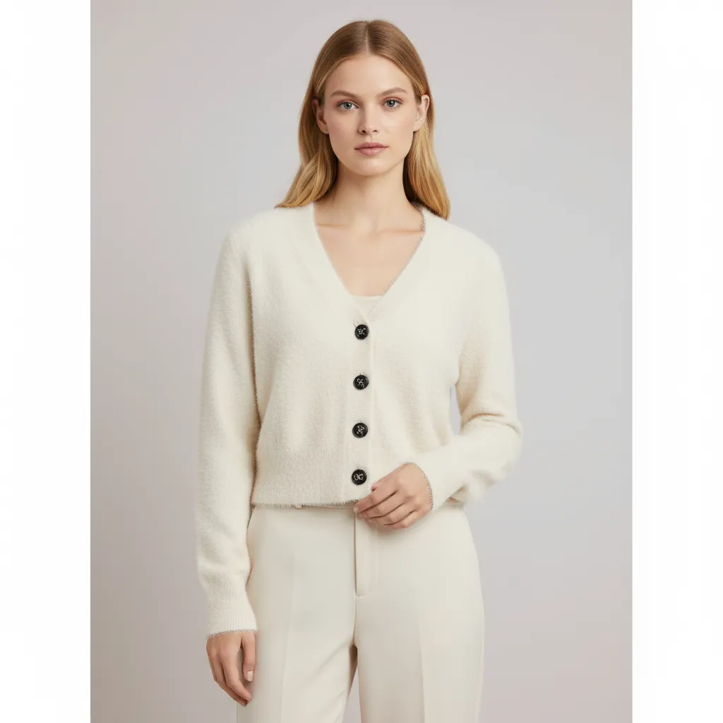 Women's Cream Fuzzy V-Neck Cropped Knit Cardigan - Custom Luxe Minimalist Apparel