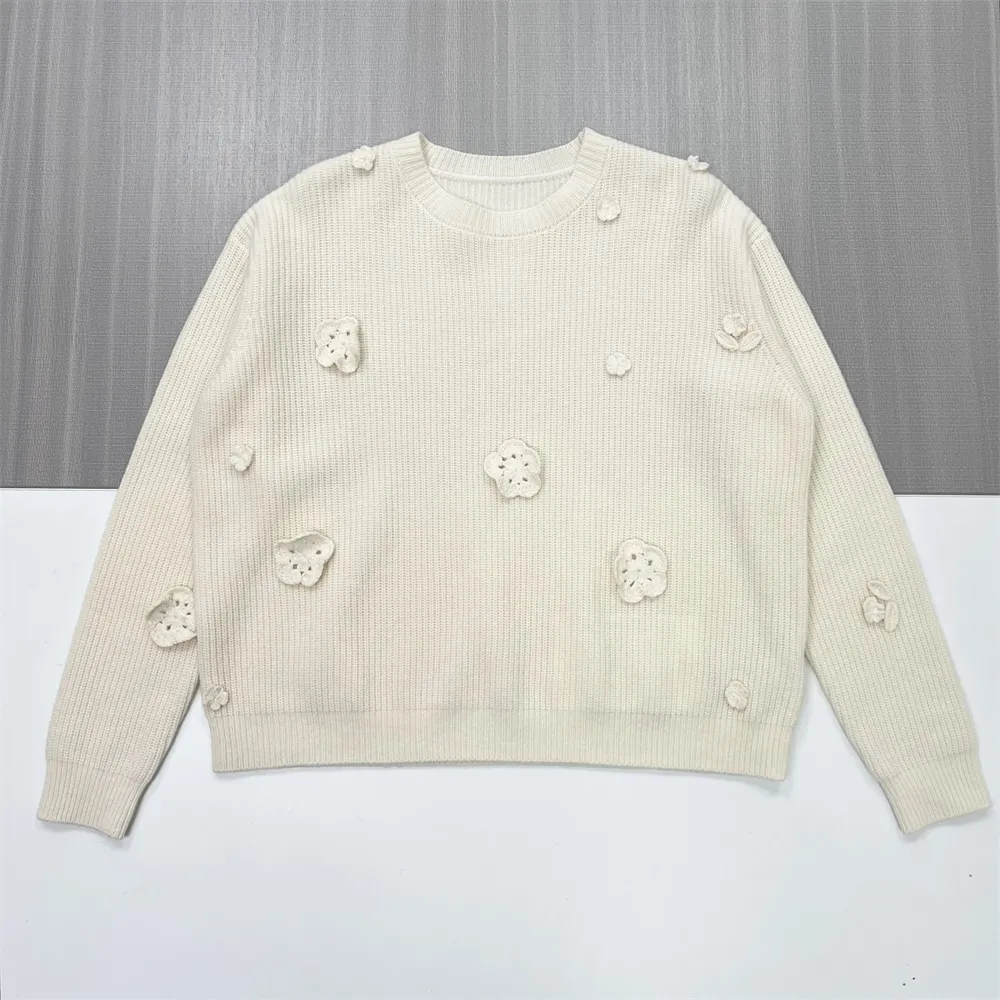 Women's Ivory Ribbed Sweater with 3D Floral Embellishments - Custom Feminine Casual Apparel