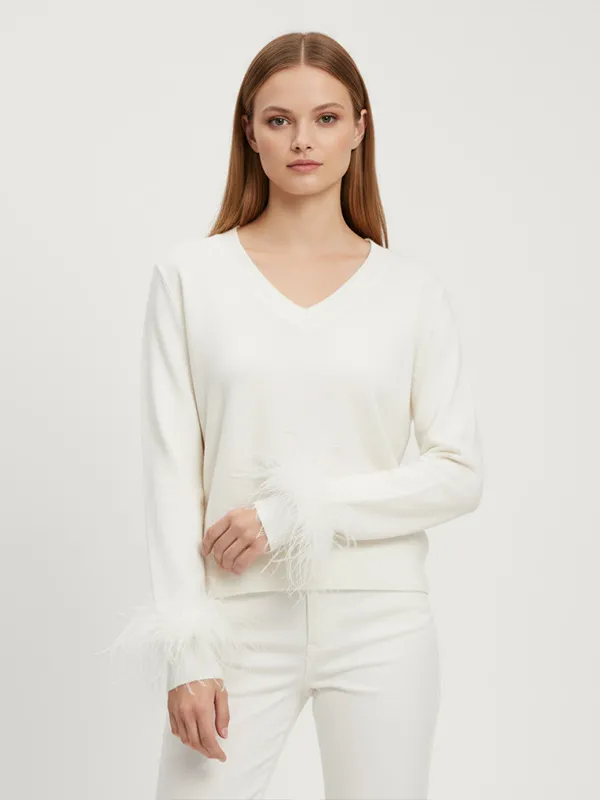 Women's Ivory V-Neck Sweater with Feather Cuff Detail - Custom Elegant Casual Apparel