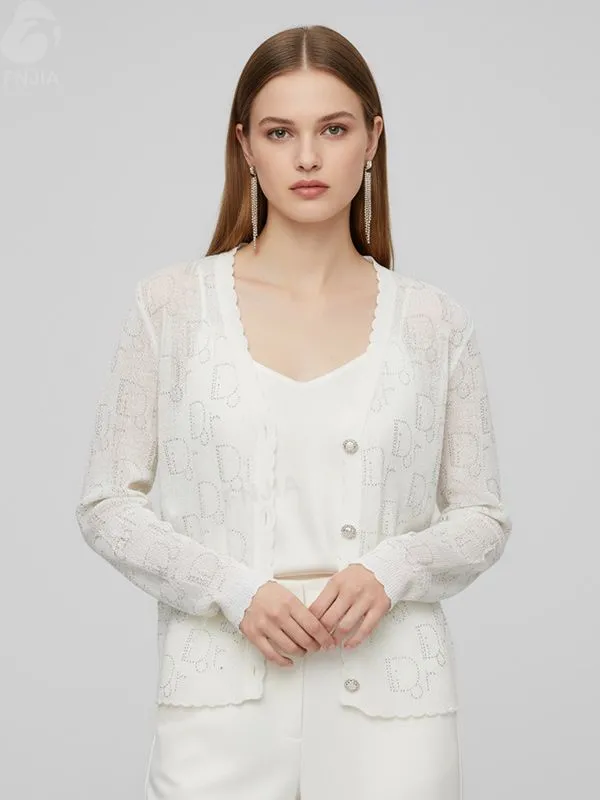 Women's White Sheer Monogram Knit Cardigan with Scallop Trim - Custom Elegant Layering Apparel