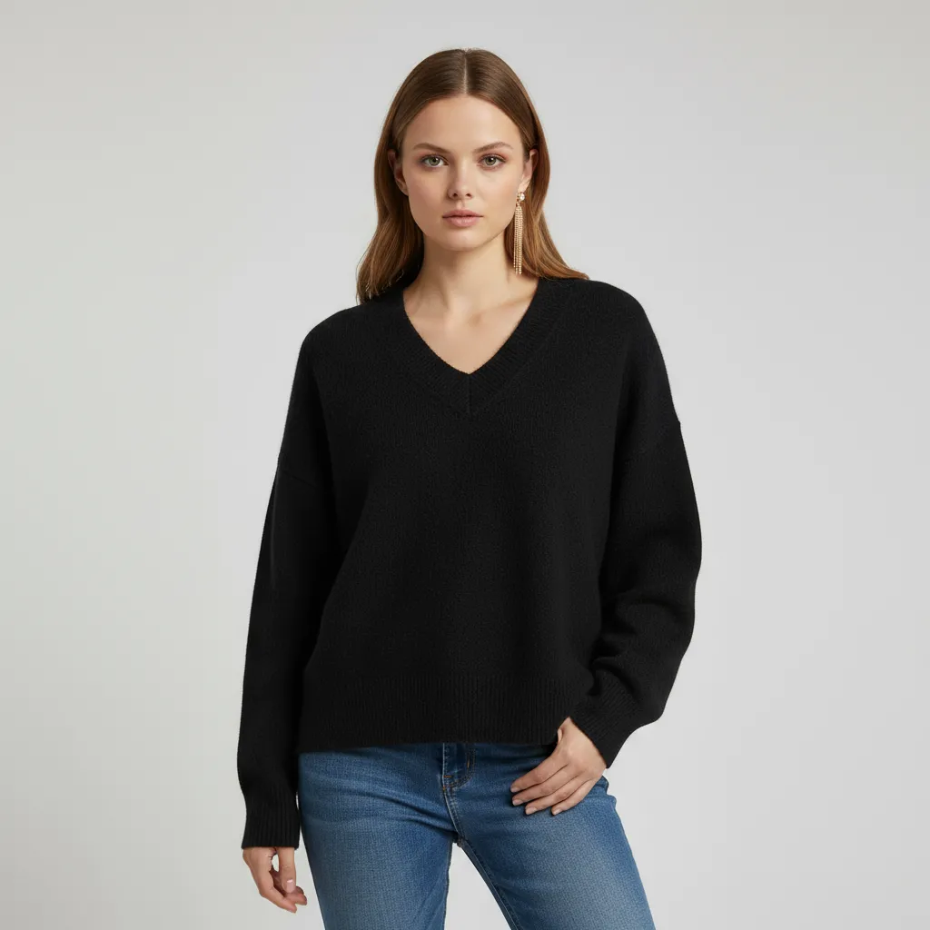 Women's Black Oversized V-Neck Knit Sweater - Custom Versatile Casual Apparel