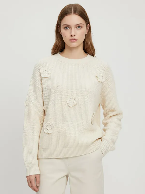 Women's Ivory Ribbed Sweater with 3D Floral Embellishments - Custom Feminine Casual Apparel