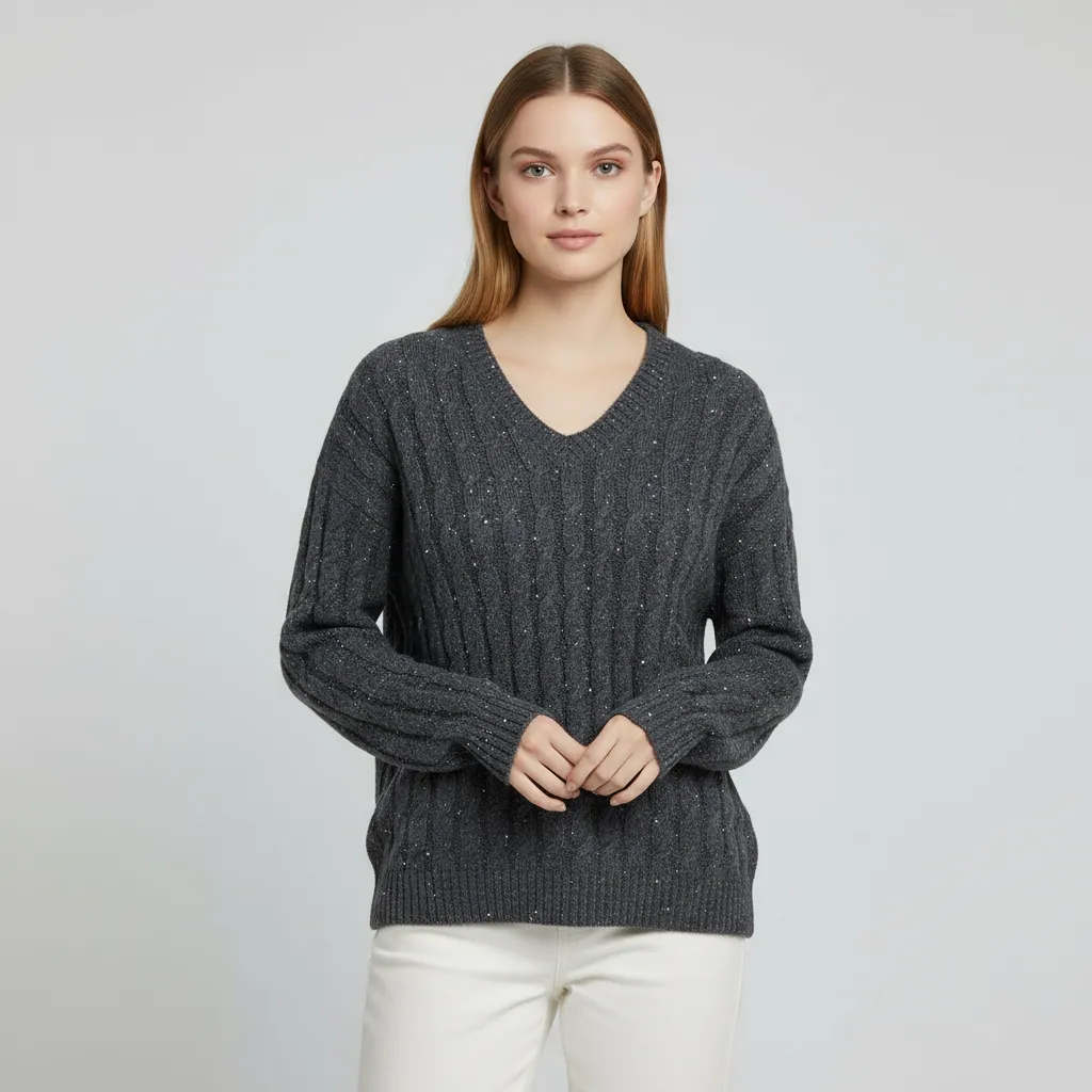 Women's Charcoal Cable-Knit Glitter V-Neck Sweater - Custom Sparkle Smart-Casual Apparel