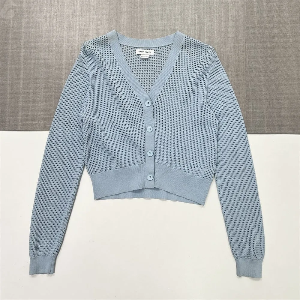 Women's Light Blue Open-Knit Cropped V-Neck Cardigan