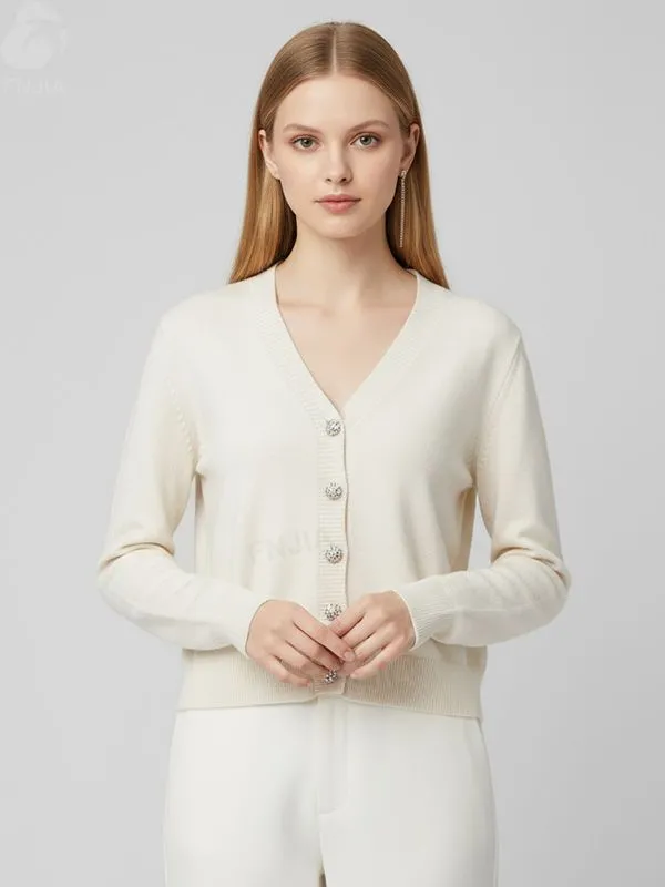 Women's Cream V-Neck Cropped Knit Cardigan with Embellished Buttons