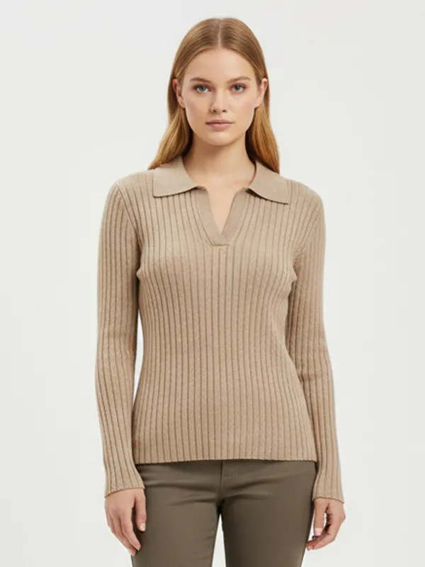 Women's Beige Ribbed Polo Collar Long-Sleeve Knit Top - Custom Form-Fitting Smart-Casual Apparel
