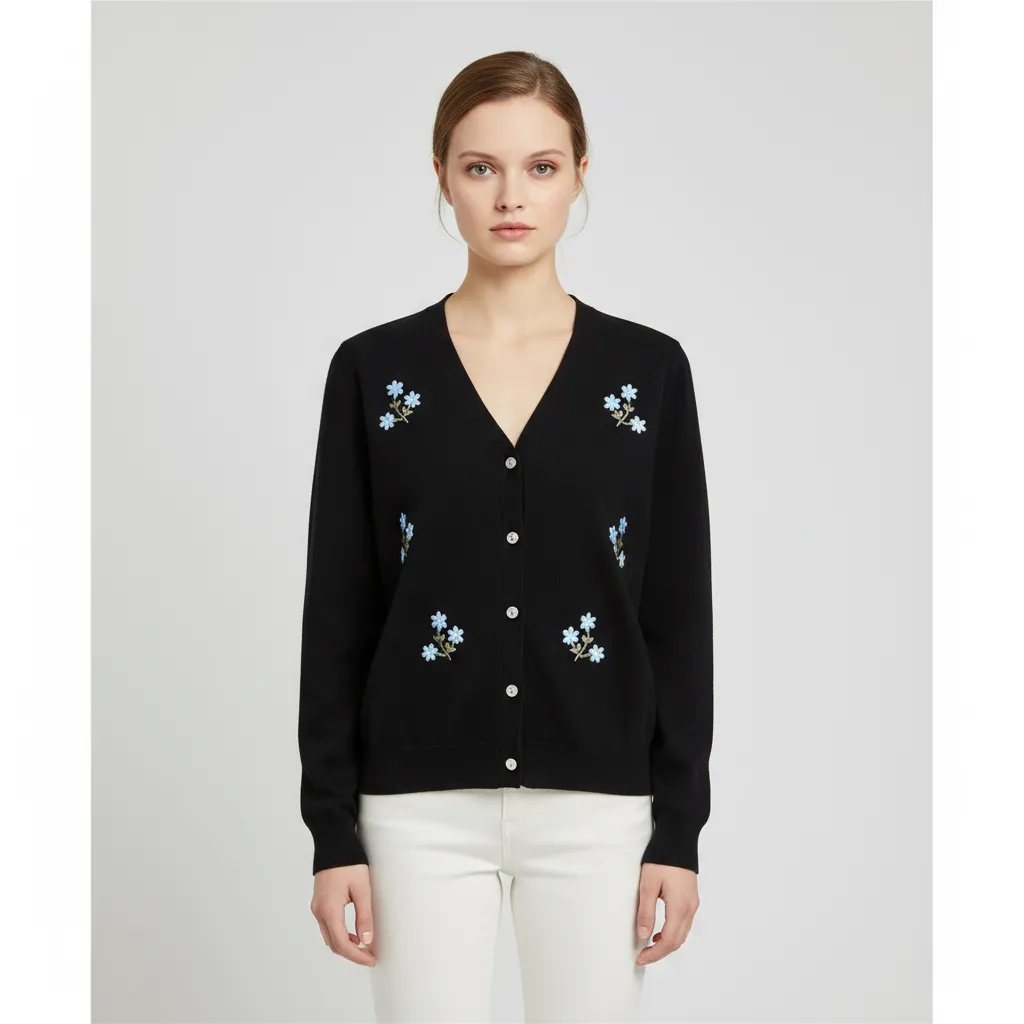 Women's Black V-Neck Knit Cardigan with Light Blue Floral Embroidery - Custom Delicate Casual Apparel