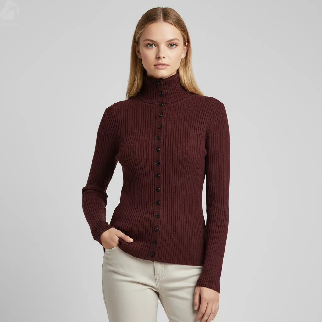 Women's Burgundy Rib-Knit Turtleneck Button-Front Cardigan - Custom Sleek Smart-Casual Apparel
