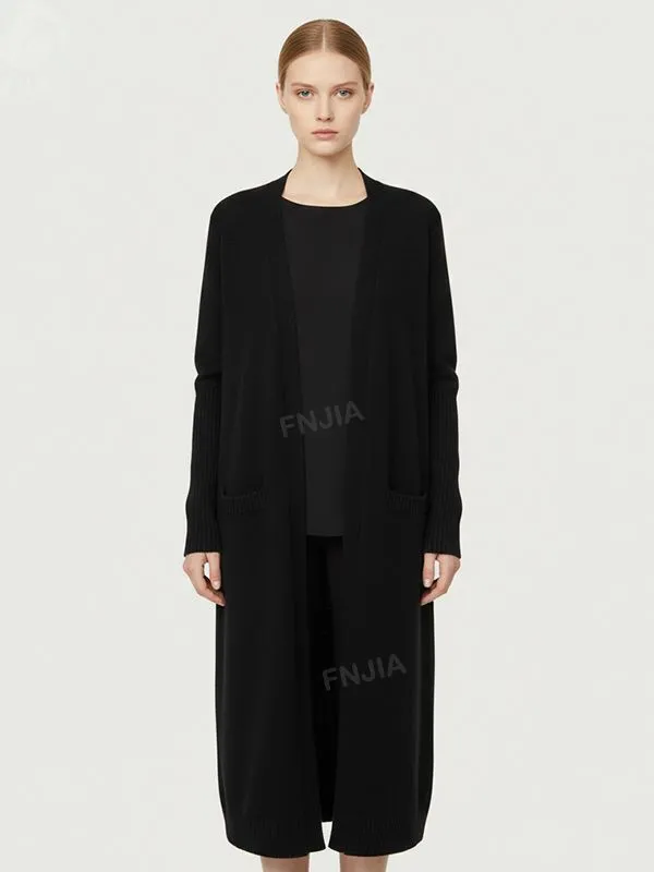 Women's Black Longline Open-Front Knit Cardigan with Pockets - Custom Minimalist Versatile Outerwear