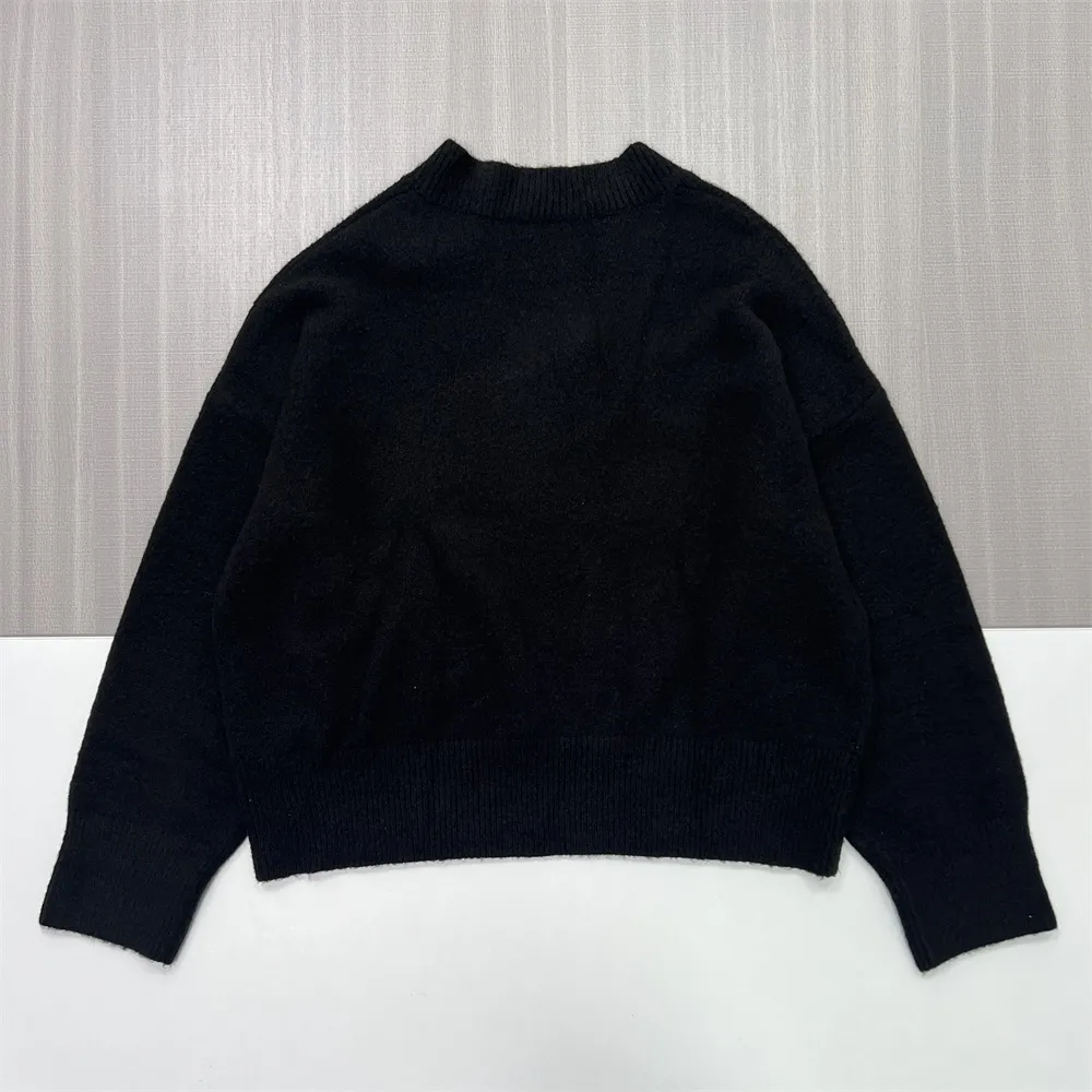 Women's Black Oversized V-Neck Knit Sweater - Custom Versatile Casual Apparel