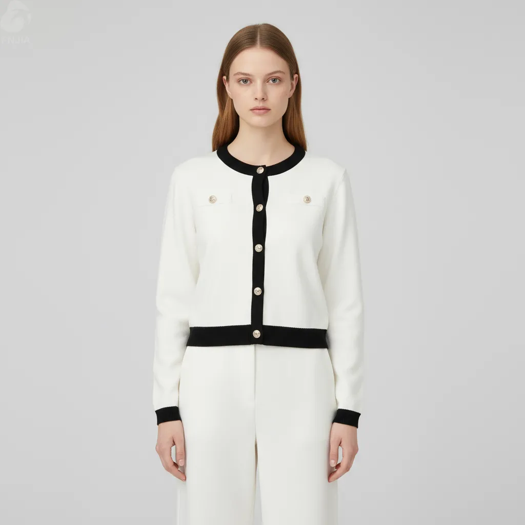 Women's White & Black Contrast Trim Knit Cardigan (Chanel-Style) - Custom Elegant Smart-Casual Apparel