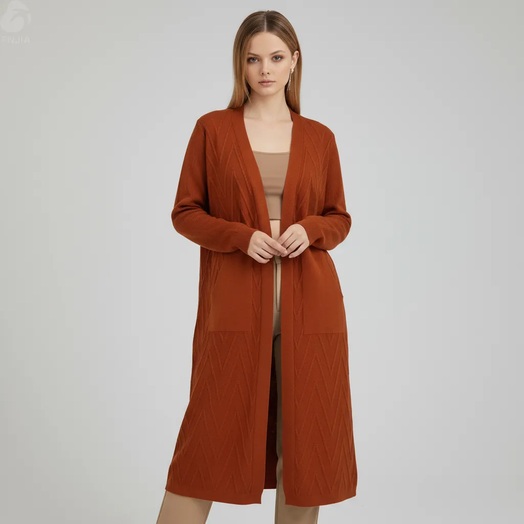 Women's Terracotta Chevron-Knit Longline Open-Front Cardigan with Pockets - Custom Versatile Casual Outerwear