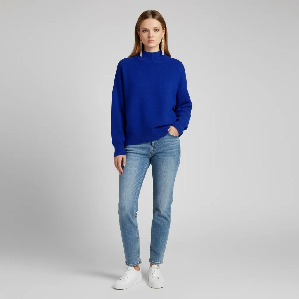 Women's Royal Blue Oversized Mock Neck Sweater - Custom Bold Casual Staple Apparel