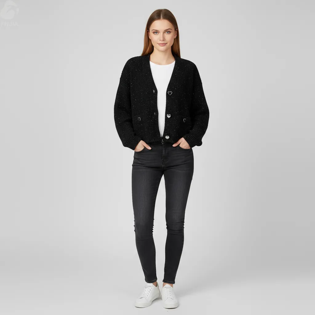 Women's Black Speckled Knit Cropped Cardigan with Heart-Shaped Button Details