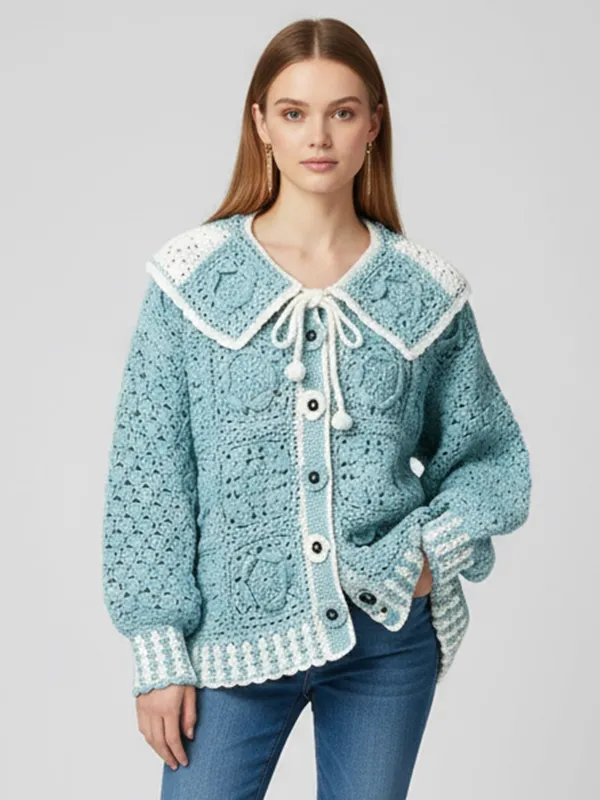 Women's Mint Green Crochet Collared Cardigan with Floral Details - Custom Vintage-Cute Casual Apparel