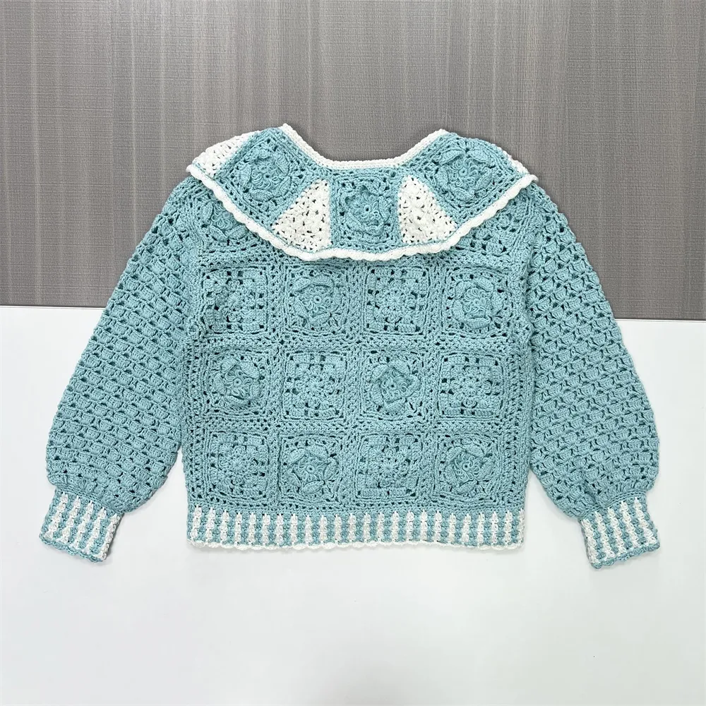 Women's Mint Green Crochet Collared Cardigan with Floral Details - Custom Vintage-Cute Casual Apparel