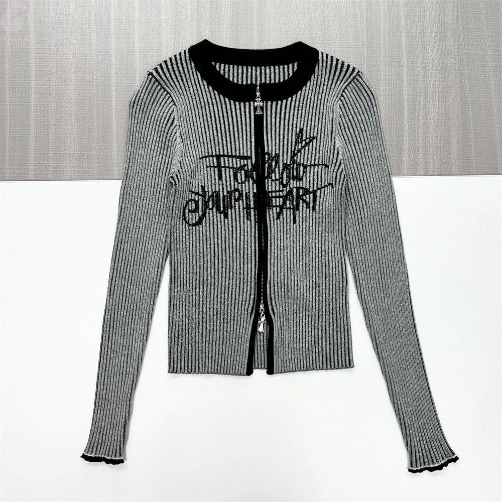 Women's Black & Grey Striped Zip-Up Knit Cardigan with Graphic Print - Custom Edgy Casual Apparel