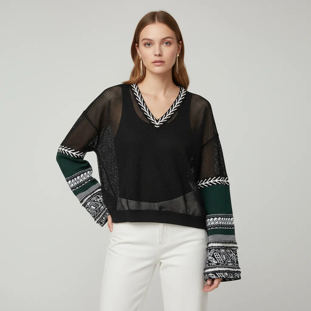 Women's Black Mesh V-Neck Sweater with Patterned Sleeves - Custom Bohemian Casual Apparel