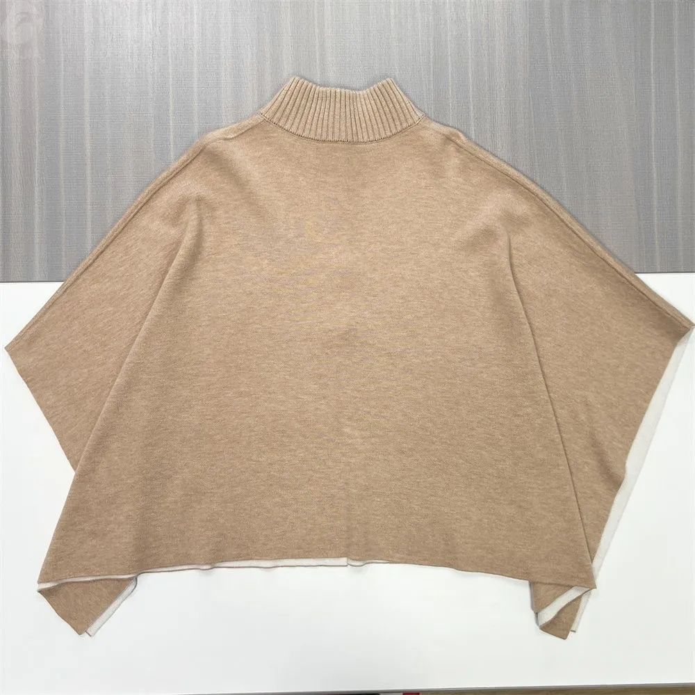 Women's Beige Turtleneck Knit Poncho with Contrast Trim - Custom Elegant Statement Apparel