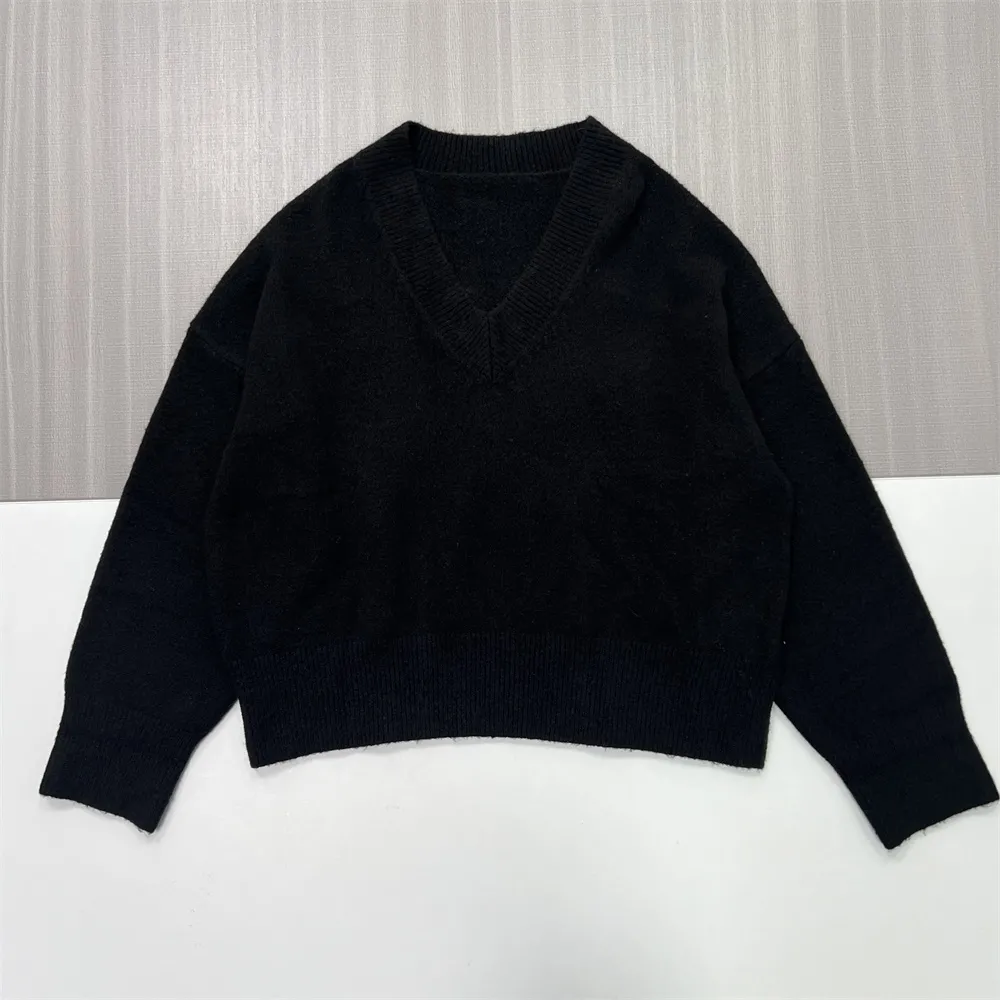 Women's Black Oversized V-Neck Knit Sweater - Custom Versatile Casual Apparel