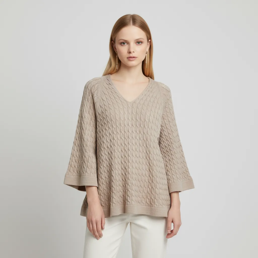 Women's Beige Cable-Knit V-Neck Bell-Sleeve Sweater - Custom Elegant Casual Apparel