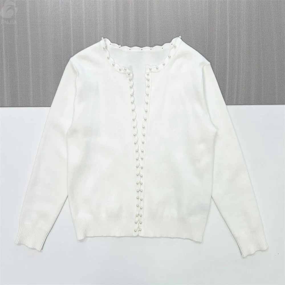 Women's White Knit Cardigan with Pearl Scallop Trim - Custom Elegant Minimalist Apparel