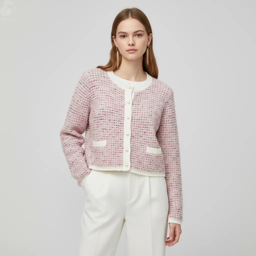 Women's Pink Tweed Cropped Cardigan with Pearl Buttons & Contrast Pockets