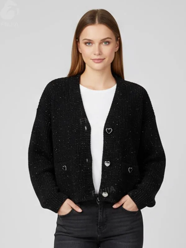 Women's Black Speckled Knit Cropped Cardigan with Heart-Shaped Button Details