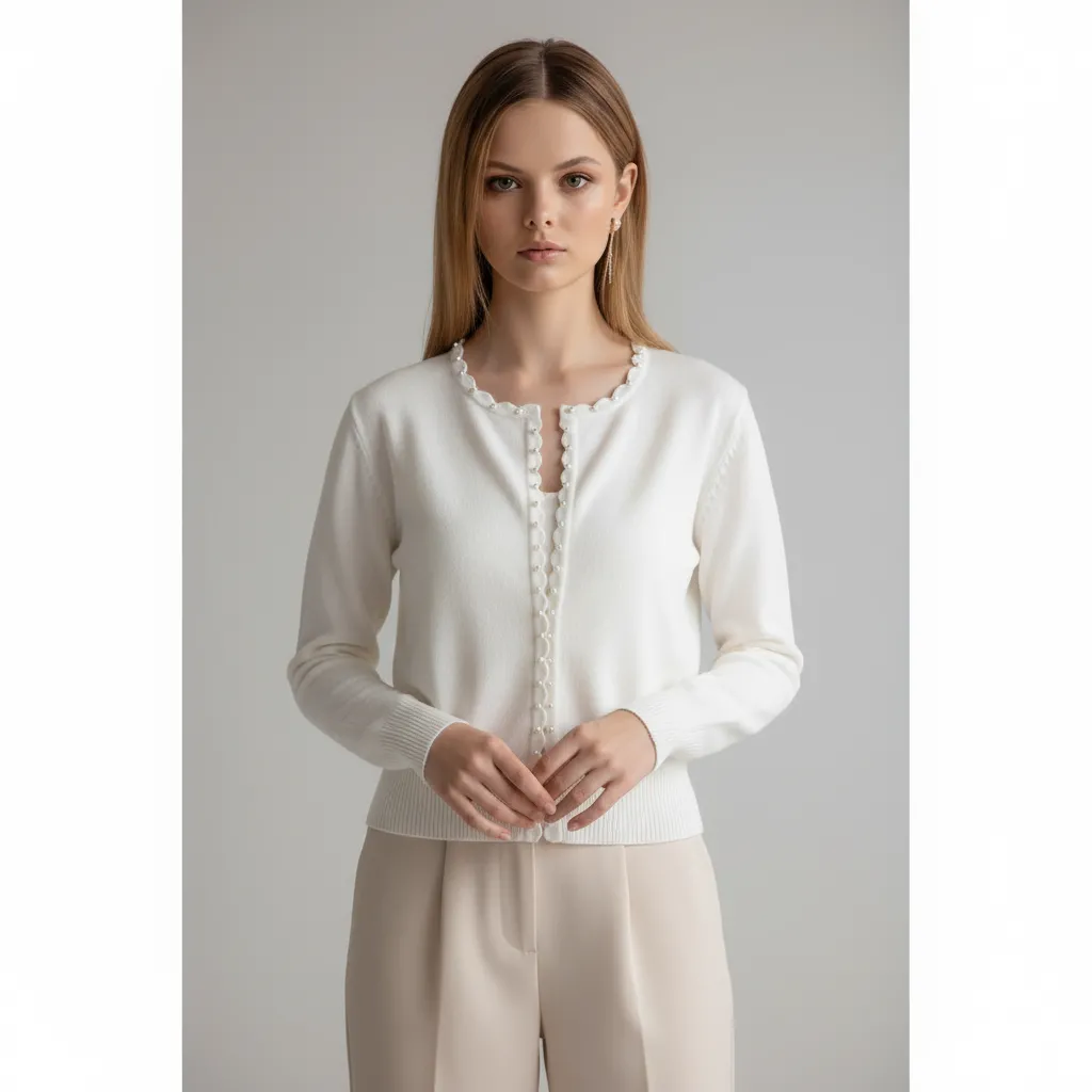 Women's White Knit Cardigan with Pearl Scallop Trim - Custom Elegant Minimalist Apparel