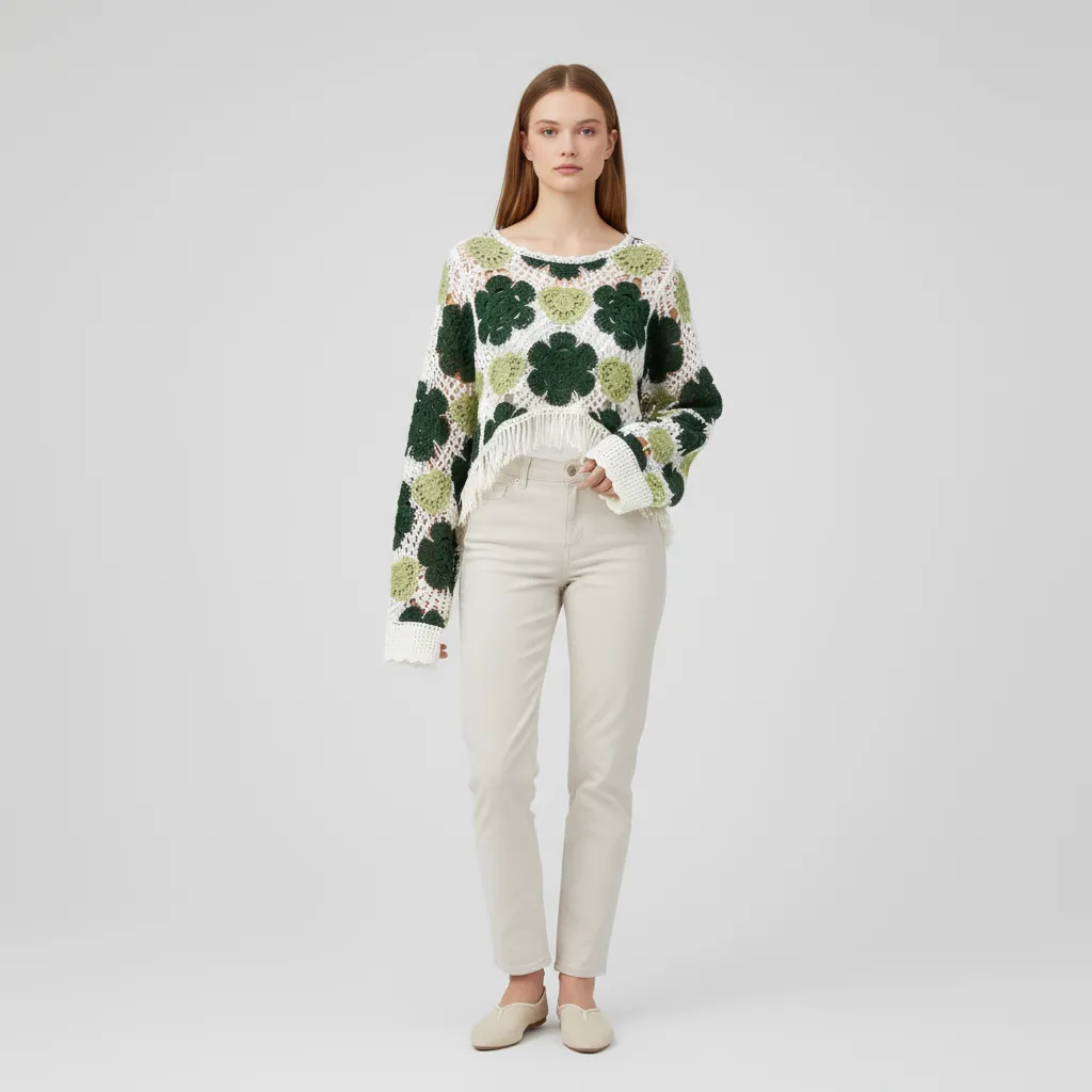 Women's Green & Ivory Crochet Floral Fringe Sweater - Custom Bohemian Fashion-Casual Apparel