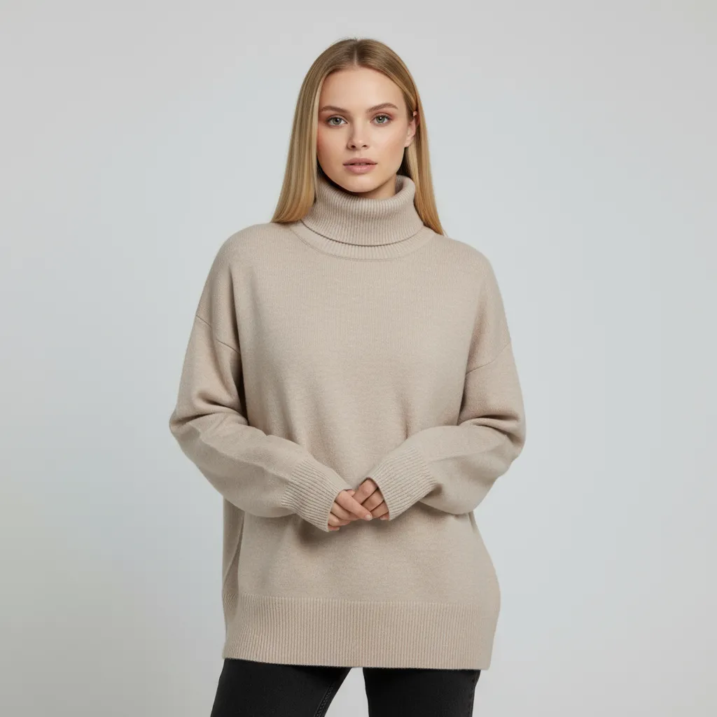 Women's Beige Oversized Turtleneck Sweater - Custom Relaxed Casual Apparel