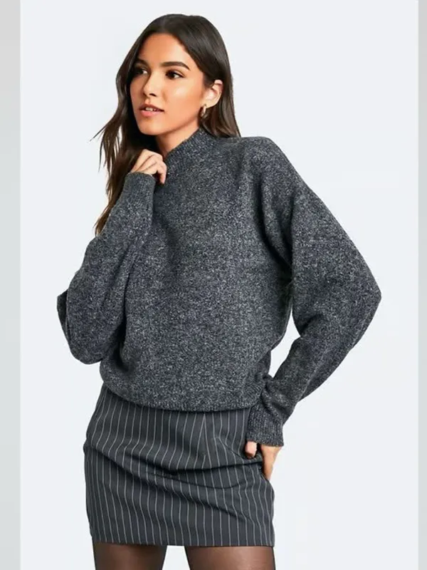 Women's Charcoal Marled Oversized Mock Neck Sweater - Custom Textured Casual Apparel