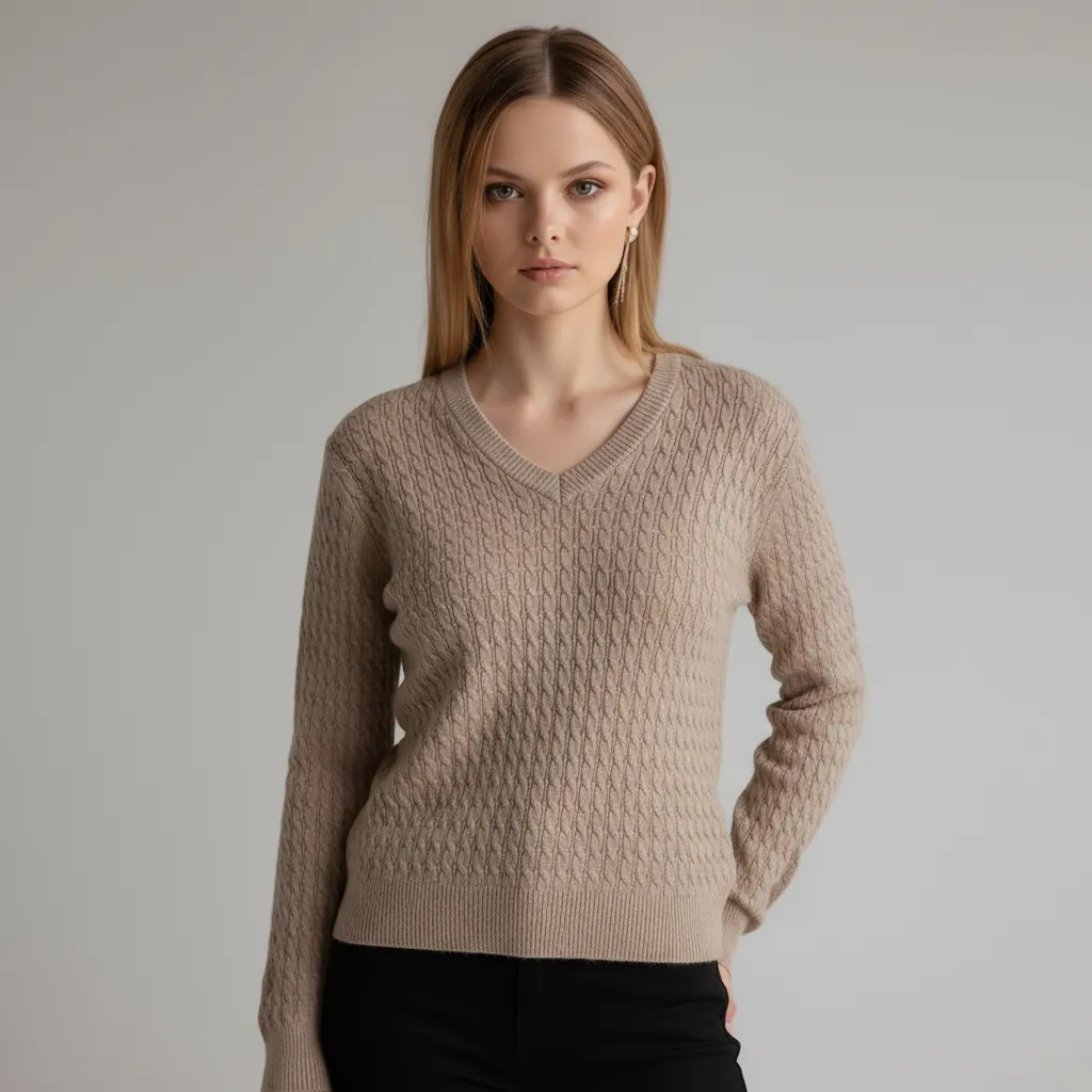 Women's Beige Cable-Knit V-Neck Long-Sleeve Sweater - Custom Textured Smart-Casual Apparel