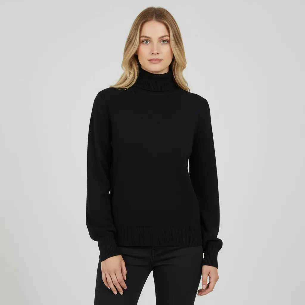 Women's Black Relaxed-Fit Turtleneck Sweater with Subtle Texture - Versatile Minimalist Apparel
