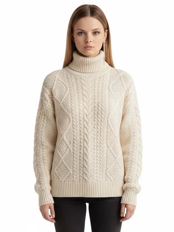Women's Cream Oversized Turtleneck Sweater with Mixed Cable Knit Patterns - Custom Textured Classic Apparel