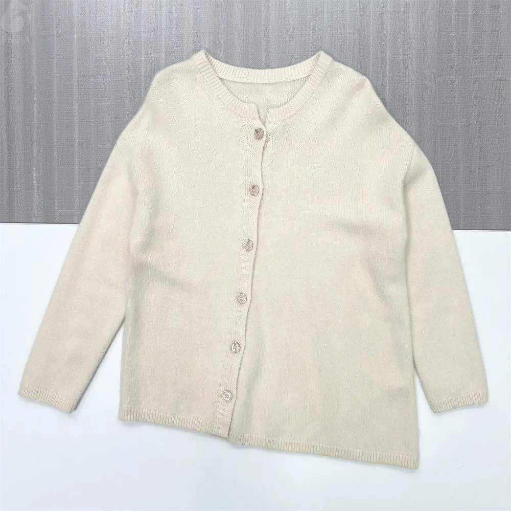 Women's Beige Oversized Crew Neck Knit Cardigan - Custom Minimalist Versatile Apparel