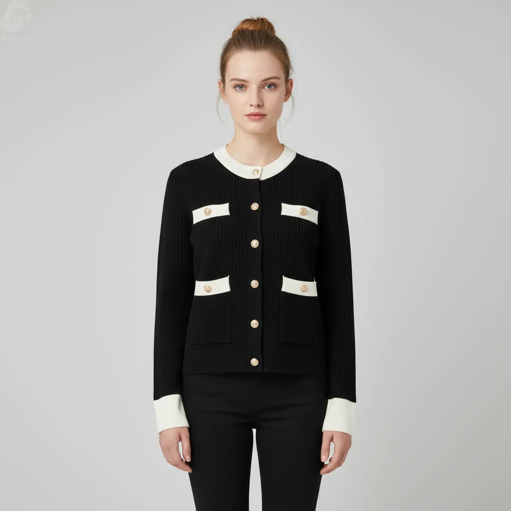 Women's Black & Cream Contrast Trim Rib-Knit Cardigan (Chanel-Style) - Custom Elegant Smart-Casual Apparel