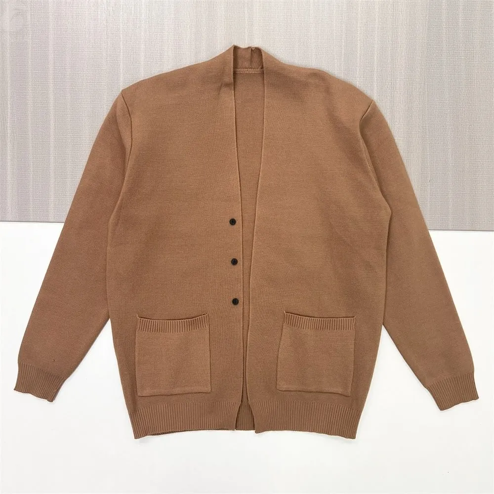 Women's Camel Oversized V-Neck Knit Cardigan with Pockets - Custom Minimalist Everyday Apparel