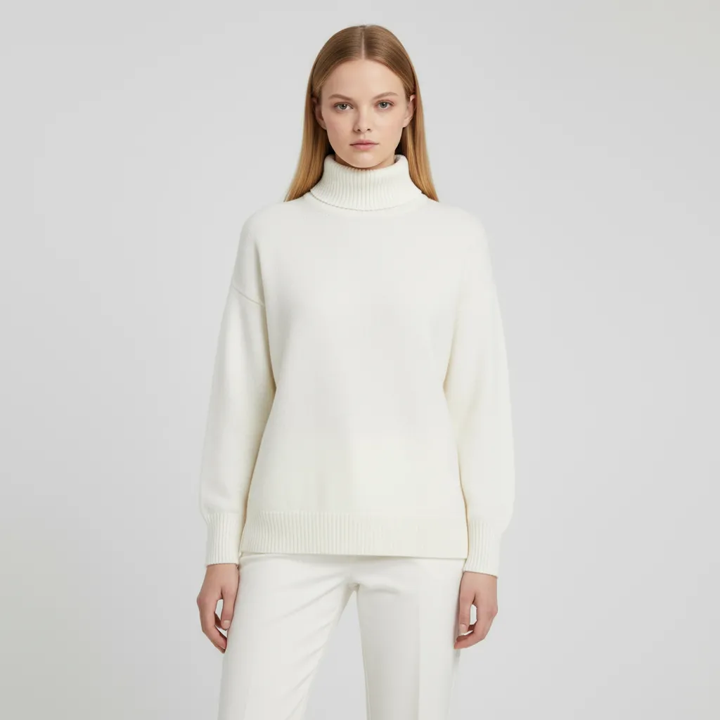 Women's Ivory Oversized Turtleneck Sweater with Puff Sleeves - Custom Elegant Casual Apparel