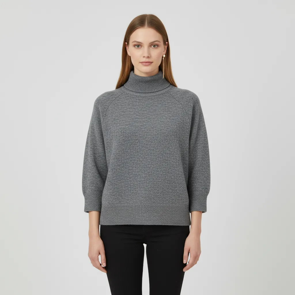 Women's Heathered Gray Oversized Turtleneck Sweater with 3/4 Puff Sleeves - Custom Modern Casual Apparel